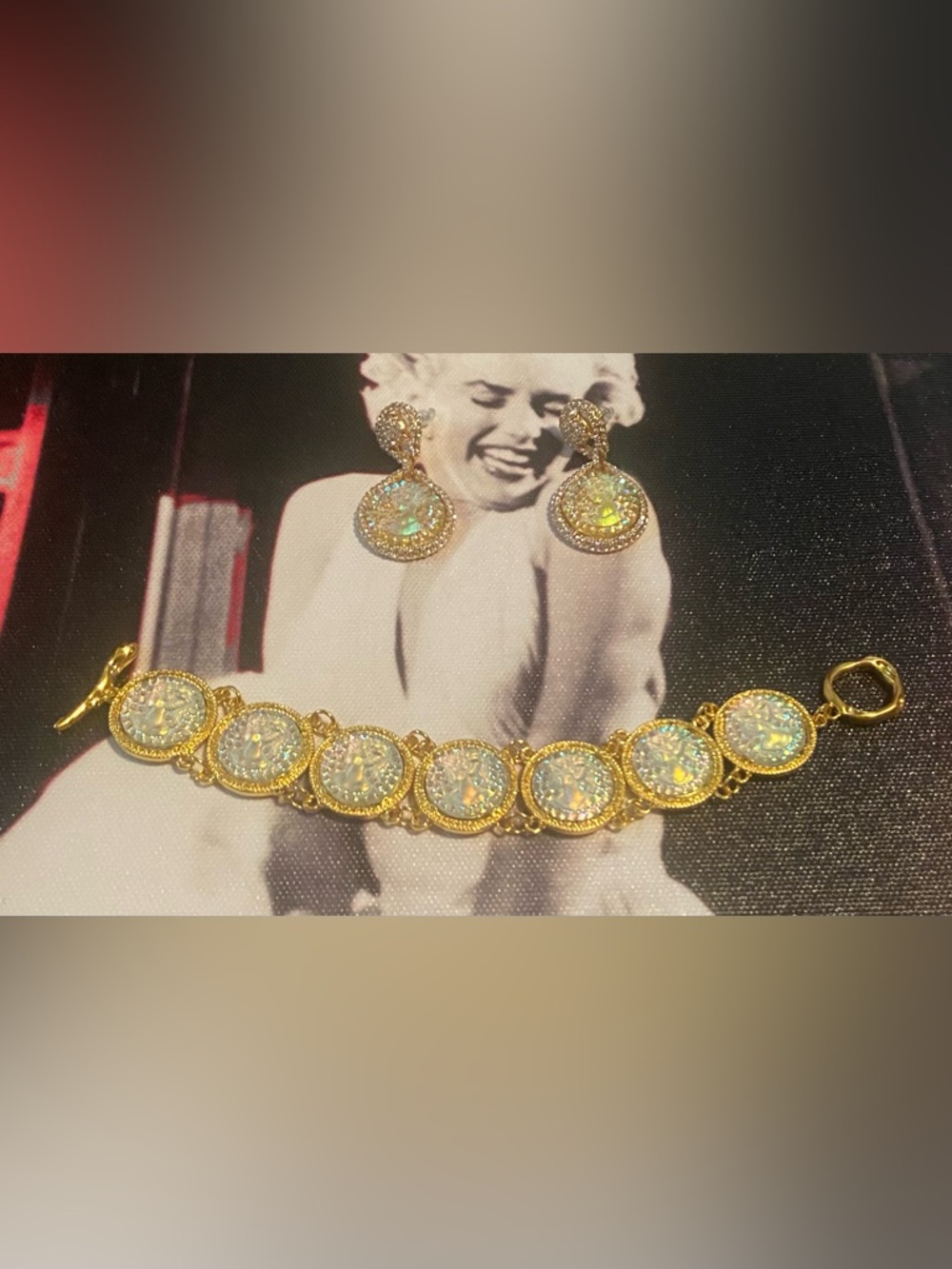 Gold Crystal Cameo Bracelet & Earrings #141